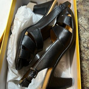 Black, leather, soft spots, sandals with pillow top technology